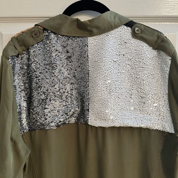Anthropologie Olive Green Sequin Patch Army Button Down Shirt - Picture 8 of 10